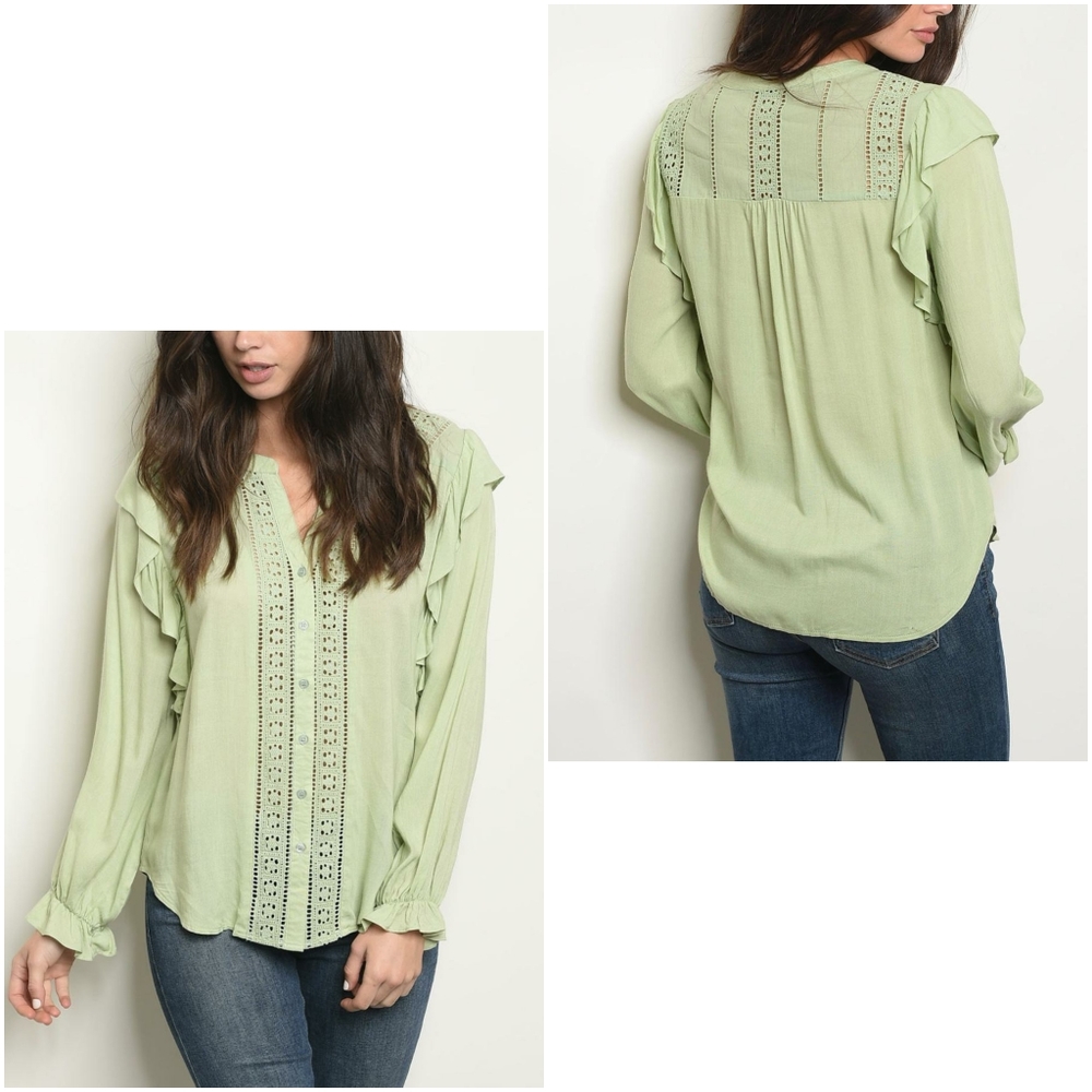 LAST 1❗️Boho Chic Sage Crochet Ruffle Long Sleeves Top - Picture 2 of 6